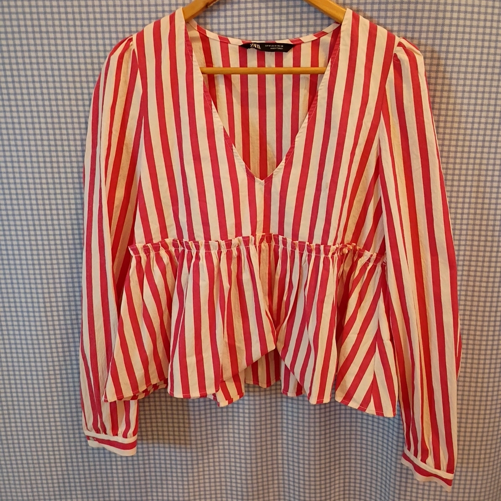 Zara Red and White Striped Peplum Blouse